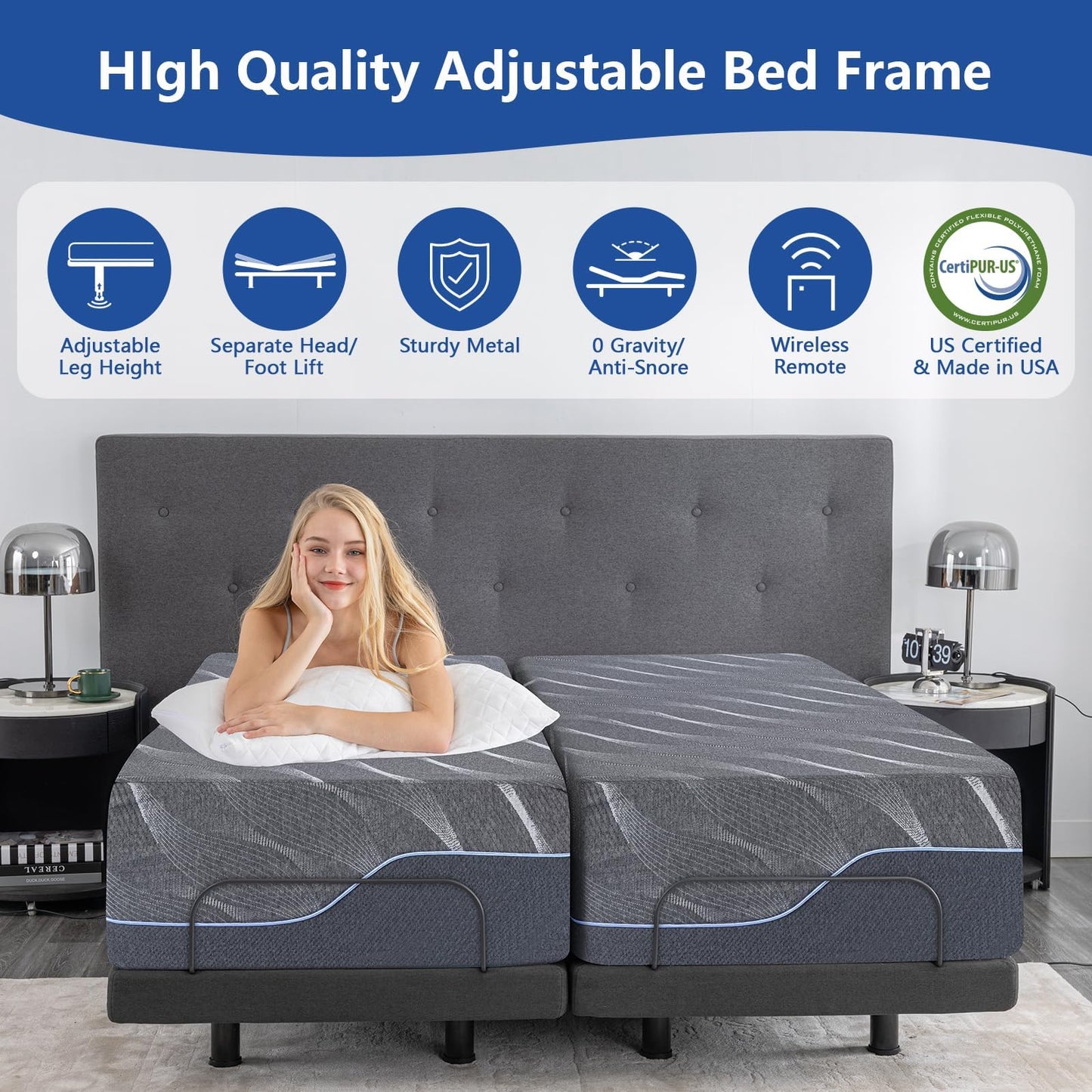 Vipbear Twin XL Adjustable Bed Base with Mattress, 12 Inch Grey Gel Memory Foam Medium-Firm Mattress in Box, Adjustable Bed Frame with Wireless Remote, 0 Gravity/Anti-Snore, Electric Smart Bed