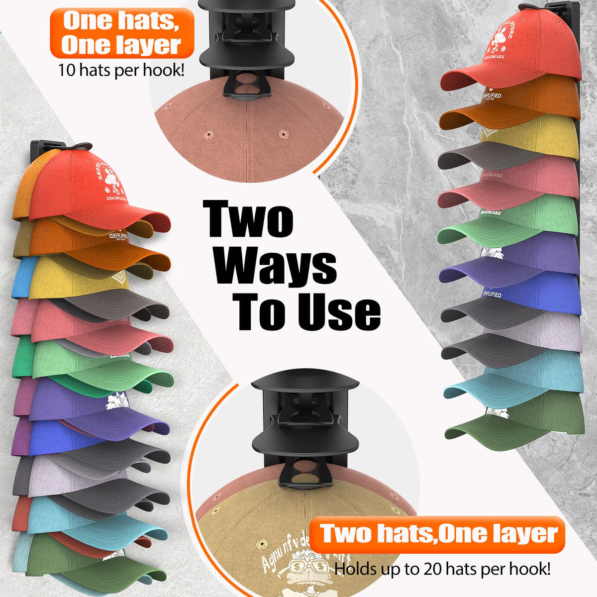 Hat Organizer for Baseball Caps Hold Up to 40 Hats, 2 Pack Hat Rack for Wall, Strong Adhesive Hat Storage Display Holder for Closet Door and Wall (Black)