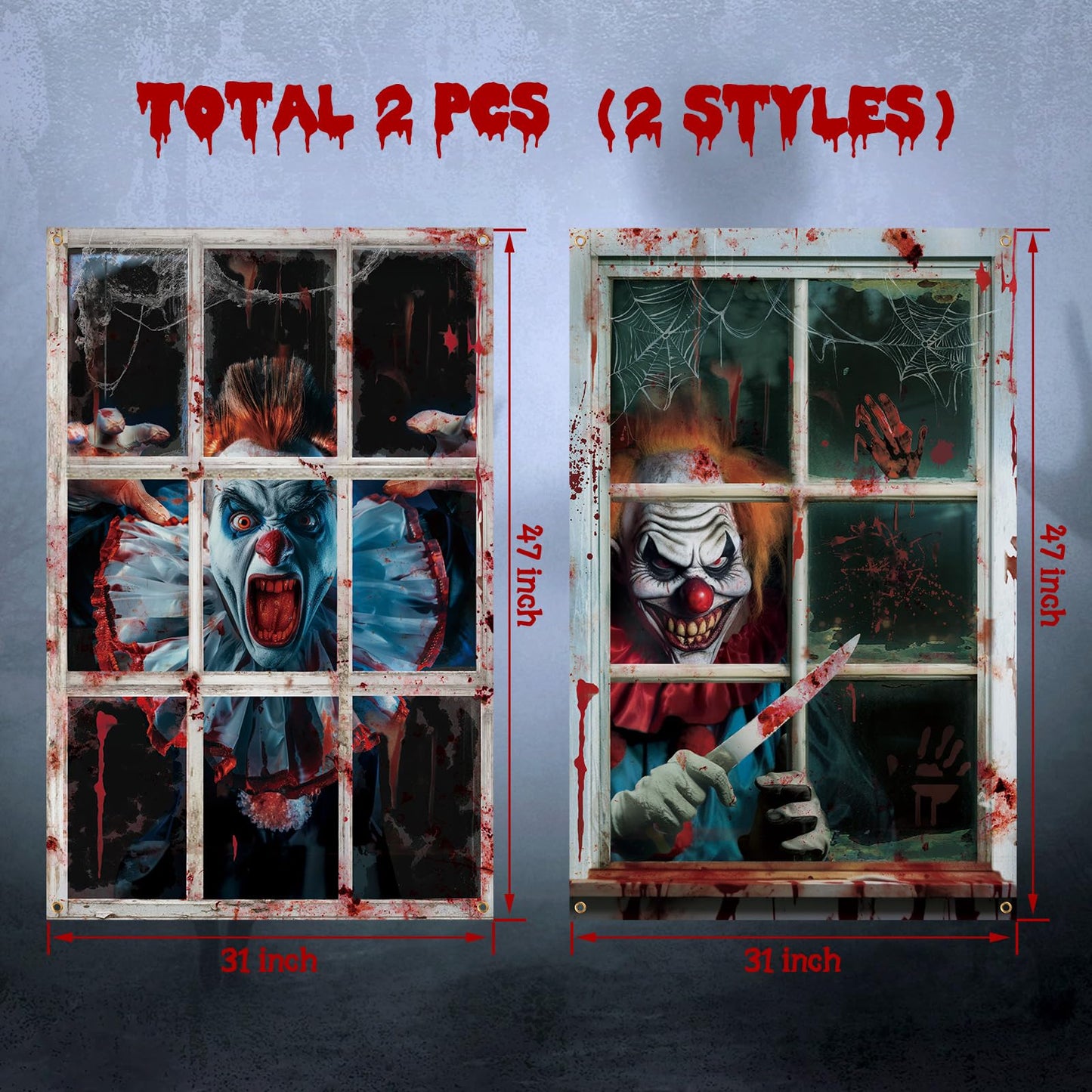 Newwiee 2 Pcs Scary Halloween Curtain Window Silhouette Cover Decoration Theme Poster for Indoor Outdoor Party Wall Door(Clown)