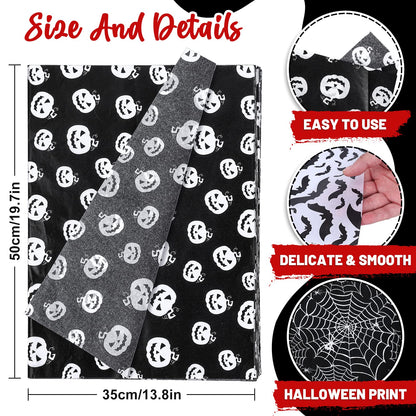 Whaline 120 Sheet Halloween Tissue Paper Black and White Wrap Tissue Paper with Cobweb Bat Pumpkin Pattern Gift Wrapping Paper for Fall Halloween Party Gift Packing DIY Craft, 13.8 x 19.7 Inch