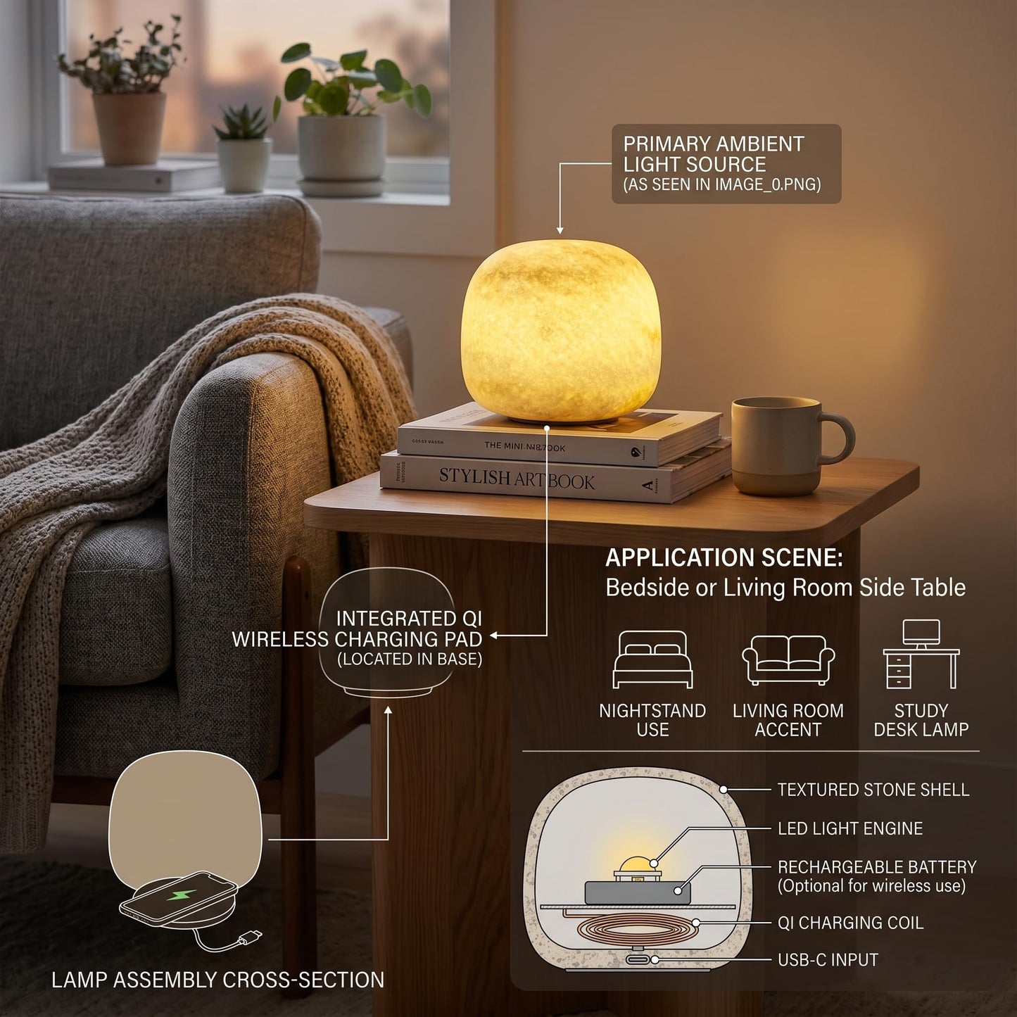 Lierlava Natural Marble Lamp, Cordless Rechargeable Marble Tap Light, 3-Way Dimmable Ambient Stone Glow Lamp, Portable Zen Decor Gift for Bedroom Desk Shelf (White Quartz Stone)