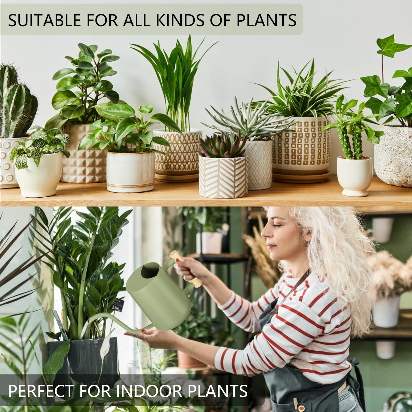 Watering Can for Indoor Plants, 35oz Small Stainless Steel Metal Pot With Long Spout - Modern Decorative for House Plant, Bonsai, Outdoor Garden Flowers - Sage