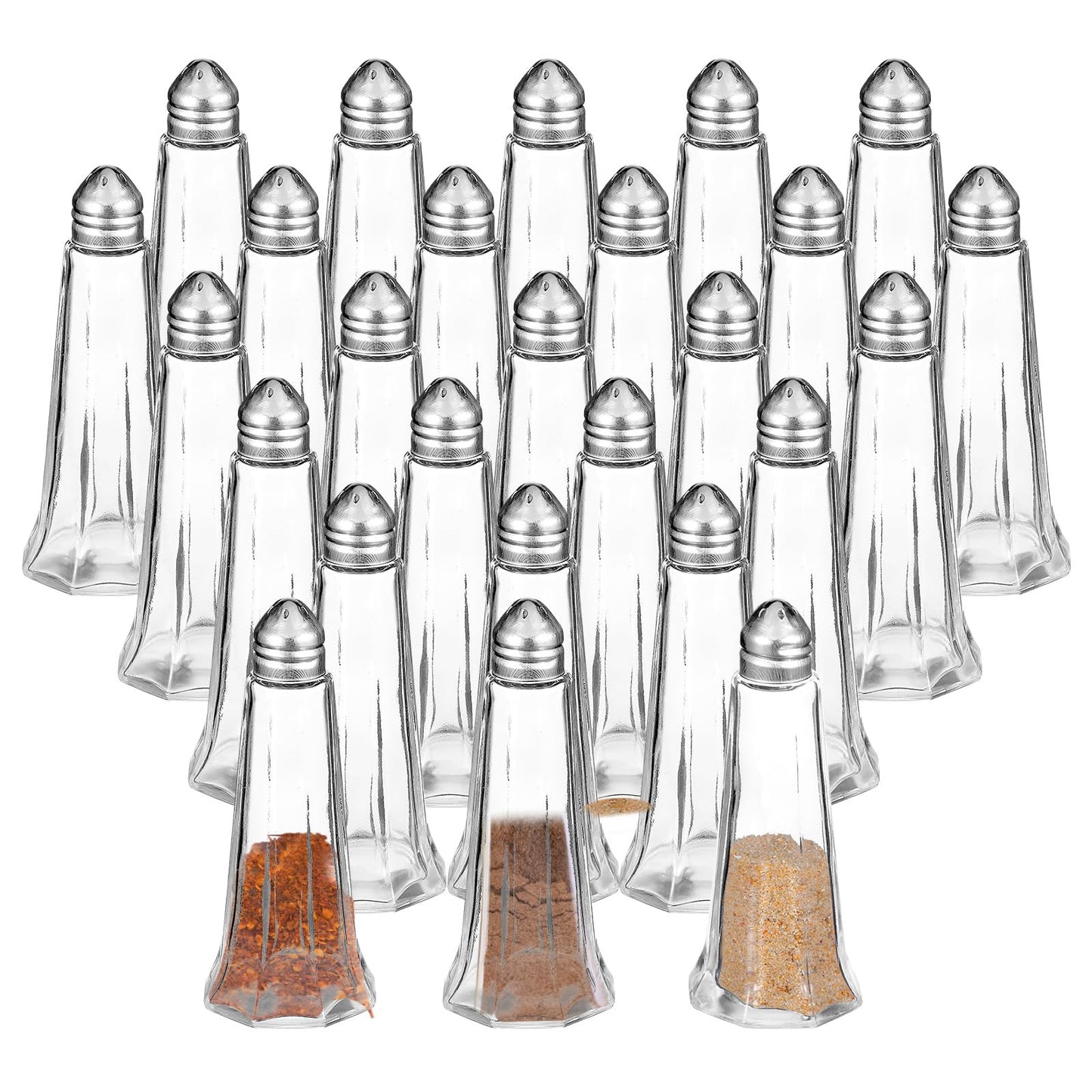 24-Pack Glass Salt and Pepper Shakers Bulk with Stainless Steel Lids Mini Funnel - 1oz Tower Spice Shakers for Kitchen, Restaurant, Home Seasoning Supplies