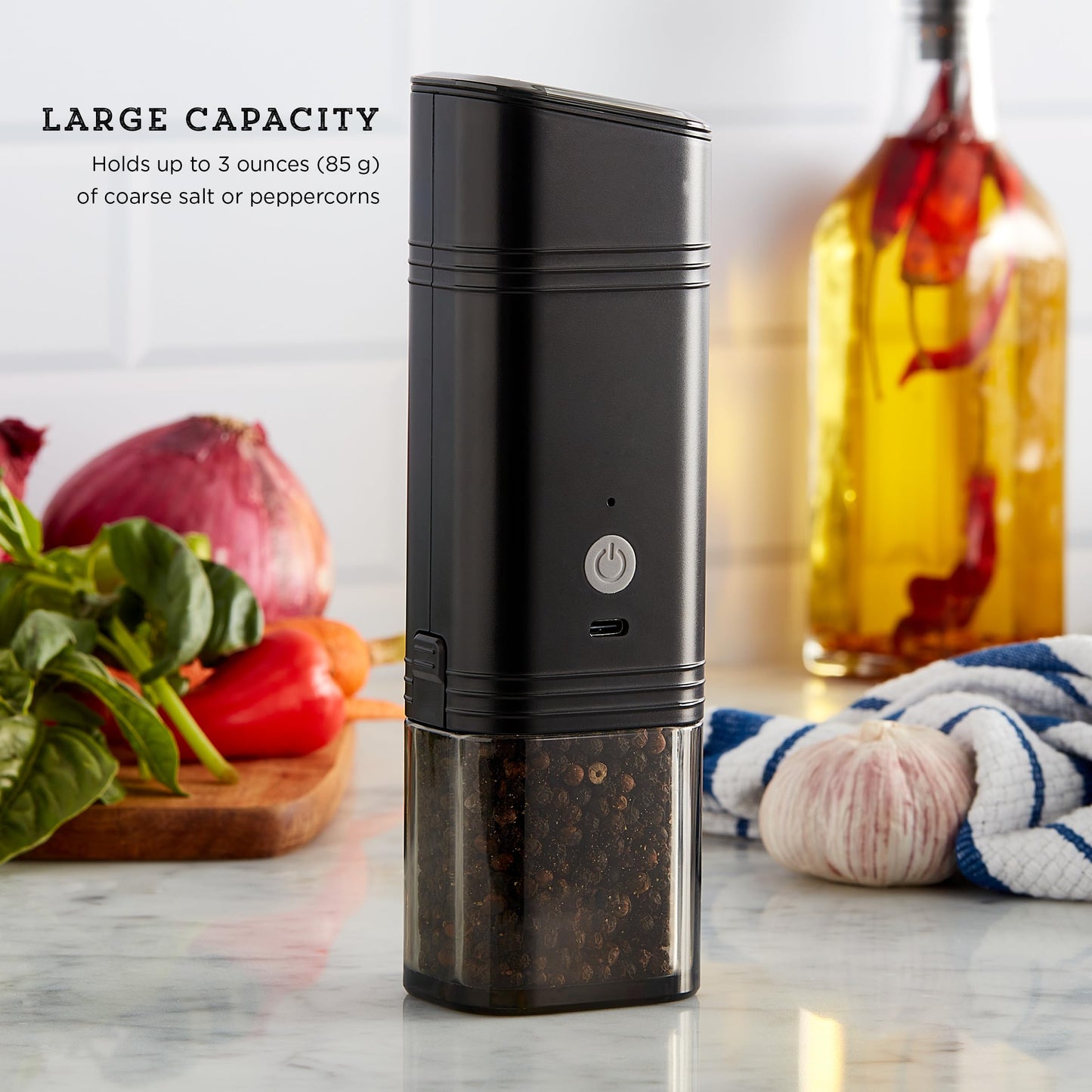 Kamenstein USB Rechargeable Gravity Feed Grinder, Filled With Peppercorns, Black