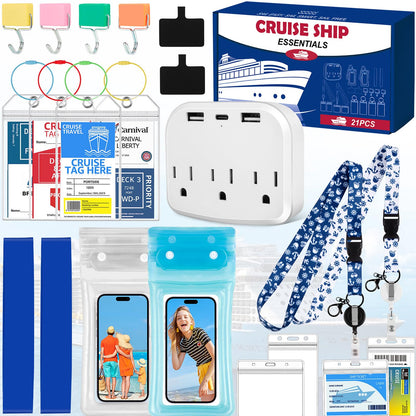 Cruise Essentials 2026 – Complete Cruise Must Haves Kit with Premium Waterproof Phone Pouches, Extra Magnetic Hooks, Non-Surge Power Strip, Lanyards, Luggage Tags & Gift Box Packaging