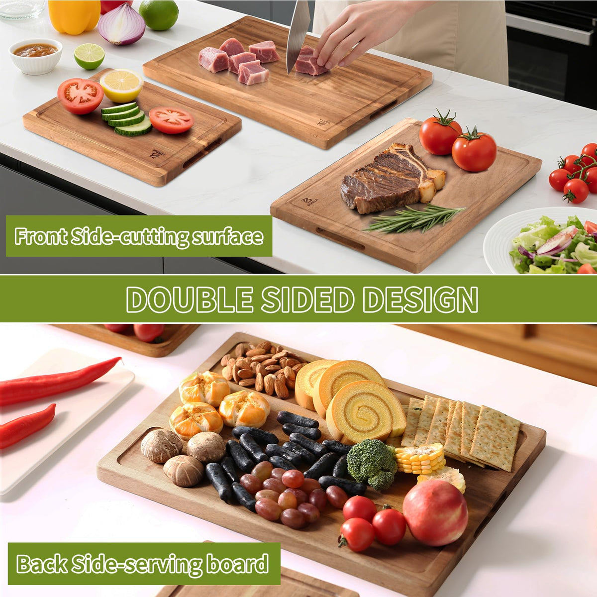 BOBELA Acacia Wood Cutting Board,Double Sided Wooden Cutting Boards for Kitchen with Deep Juice Grooves,0.8 in Thick Solid Wood Cutting Board Set with Stand for Chopping,Serving Ideal Kitchen Gifts