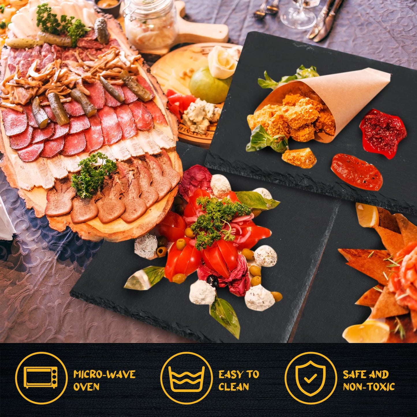 Didaey Set of 18 Slate Boards Black Slate Board Cheese Board Serving Stone Plates Sushi Cheese Tray Individual Platter for Christmas Chalkboard Cutting Food Cake Fruit Meat(Square)