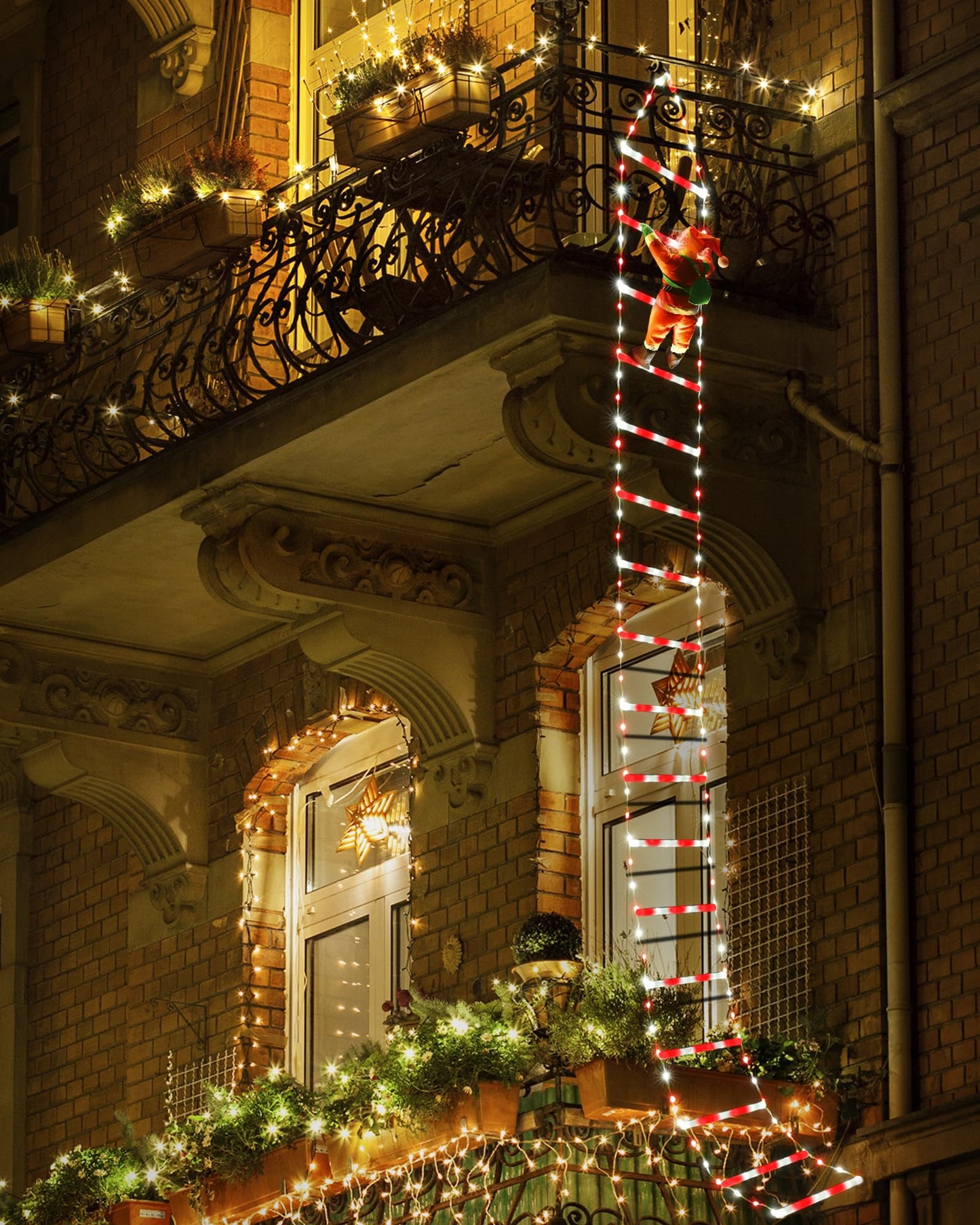 Toodour LED Christmas Lights - 10ft Christmas Decorative Ladder Lights with Santa Claus, Xmas Decorations Light for Indoor Outdoor, Window, Garden, Home, Wall, Xmas Tree Decor - White & Red