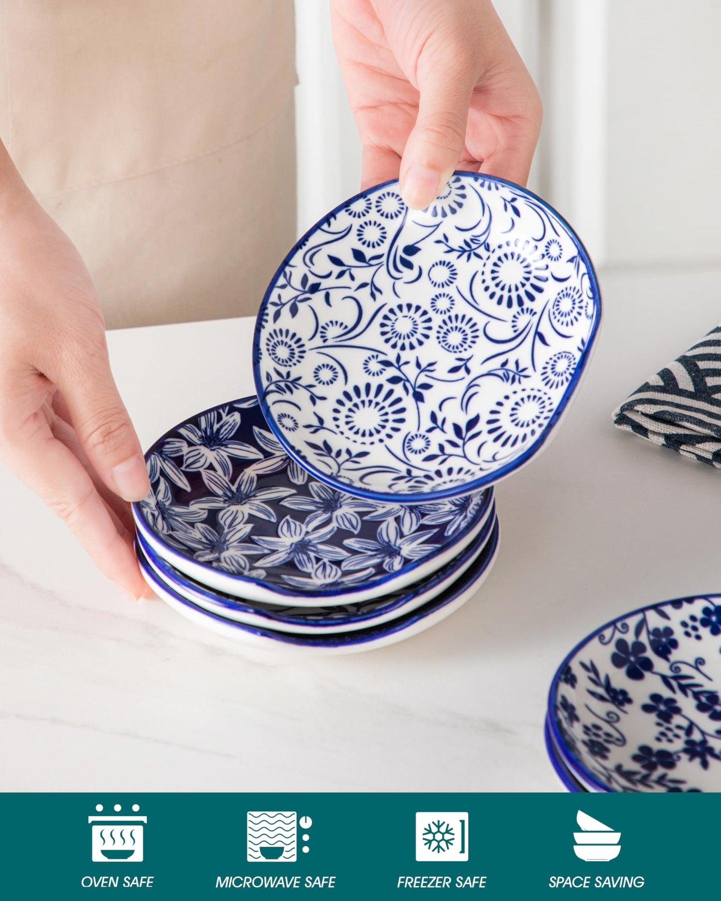 vancasso 6-Pack Ceramic Spoon Rest for Stove Top, Decorative Ceramic Cooking Spoon Holder for Kitchen Counter, 4.8 Inch Blue White Chinoiserie Floral Spoon Rest, Farmhouse Style, SELENE Series