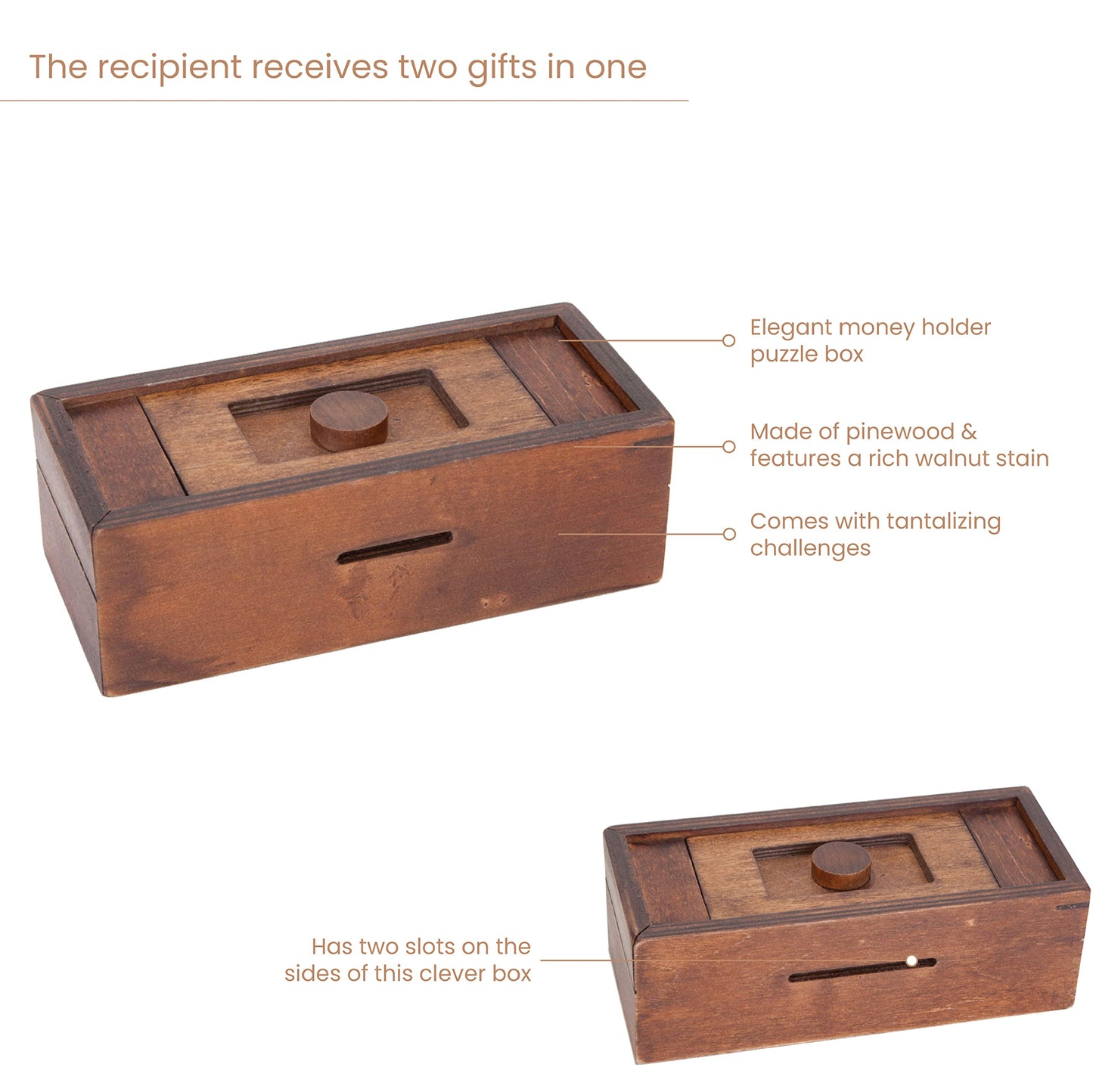 Bits and Pieces - Stash Your Cash Secret Puzzle Box Brainteaser - Wooden Secret Compartment Brain Game for Adults