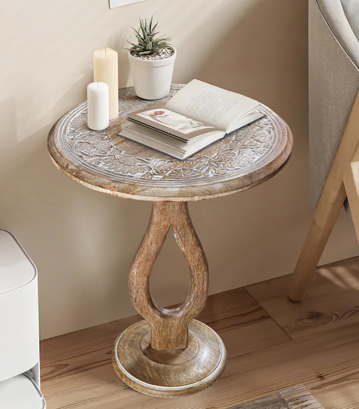 End Tables for Living Room- Small Drink Table for Small Spaces,Modern Accent Nightstand with Hand-Carved Top & Solid Wood Side Tables for Drying Room,Bedroom, Office - 18x22 White wash_Pride Styles