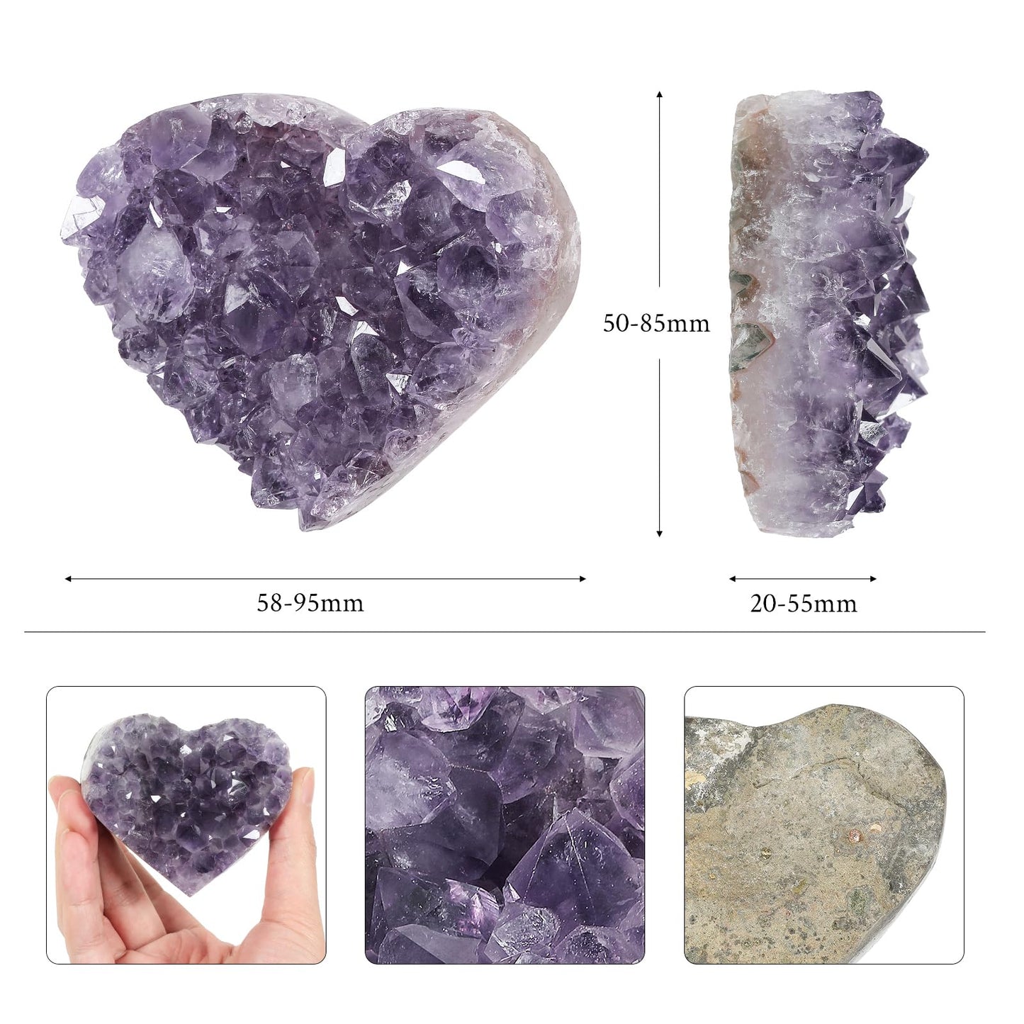 rockcloud Natural Amethyst Heart Crystal Cluster, Reiki Crystal Palm Geode Stone Specimen for Positive Energy, 0.44-0.66 lb