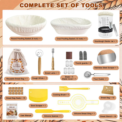 Sourdough Starter Kit,Sourdough Bread Baking Supplies, 9" Round and 10" Oval Banneton Bread Proofing Basket Set with Glass Sourdough Starter Jar, Sourdough Bread Making Tools Gifts for Women Wife Mom