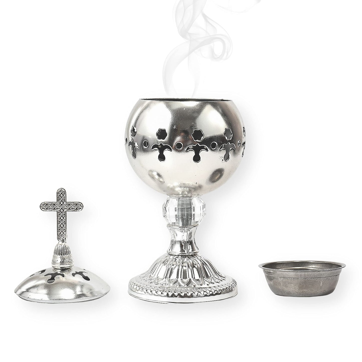 Nazareth Store Silver Charcoal Incense Burner Catholic Cross Censer Brass Plated Distiller for Church and Home