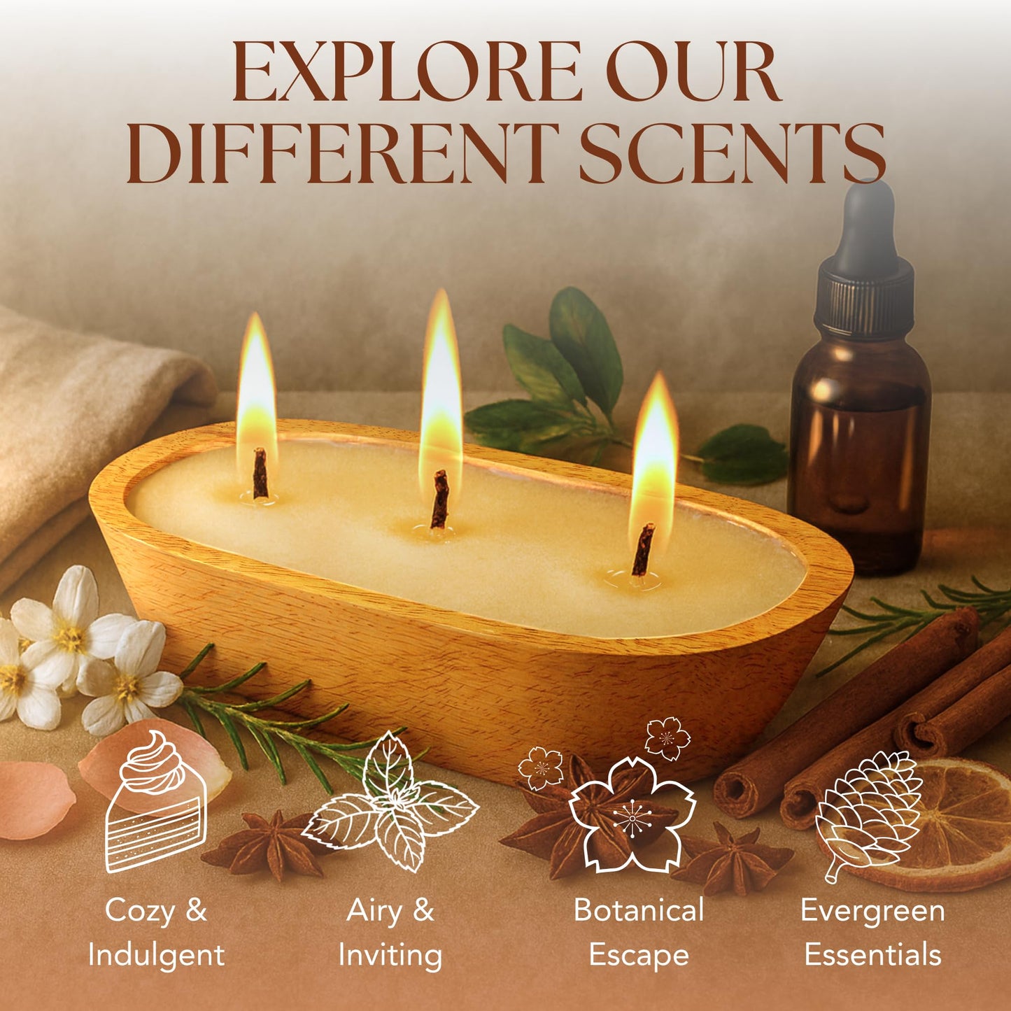 Dough Bowl Candle Co. Santal and Coconut Soy Candle - 3 Wick Rustic Farmhouse Coffee Table Decor, Odor Eliminator in Wooden Bowls, 20 Oz Wooden Dough Bowl Candle, All-Natural Gifts for Women and Men