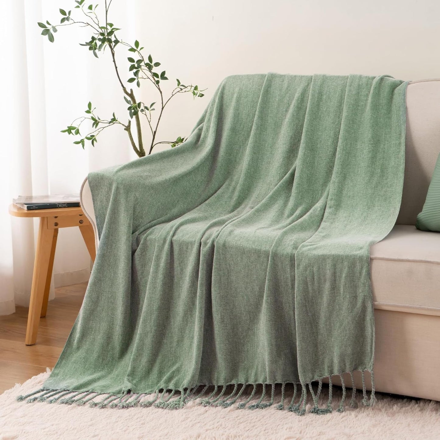 BATTILO HOME Sage Green Chenille Throw Blanket for Couch, Soft Cozy Textured Knit Throw Blanket with Handmade Fringe Tassels, Lightweight Decorative Farmhouse Blanket for Sofa Bed Chair, 50"x60"