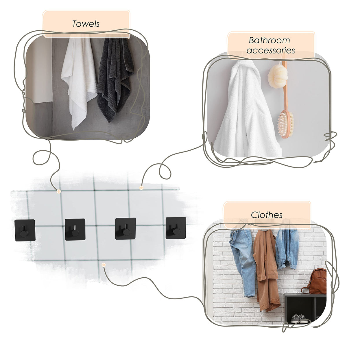 SAYONEYES Matte Black Self Adhesive Towel Hooks for Bathroom Wall Door Mounted - SUS304 Stainless Steel Strong Strips Stick on 3M Wall Hooks for Hanging Coat, Hat, Bag, Key, Jacket – 6 Pack