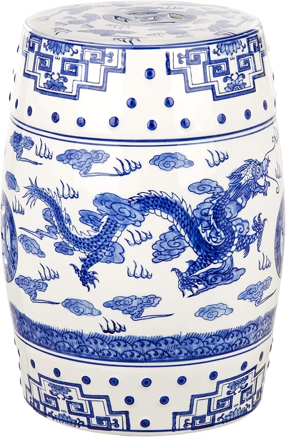 SAFAVIEH Castle Gardens Collection – Dragon’s Breath Blue Glazed Ceramic Chinoiserie Indoor/Outdoor Garden Stool (ACS4554A)