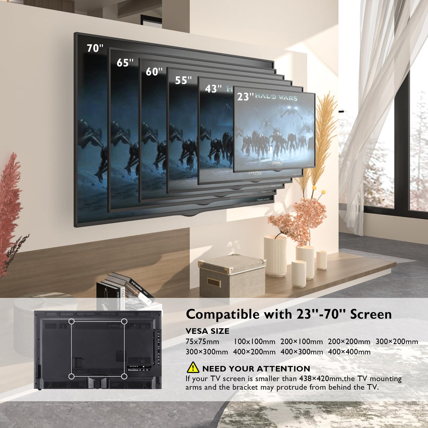 BONTEC TV Wall Mount for 23-70 Inch LED LCD, Swivels Tilts Extends Double Arm Full Motion TV Wall Bracket Holds up to 45kg, Includes HDMI Cable, Spirit Level, Max VESA 400x400mm