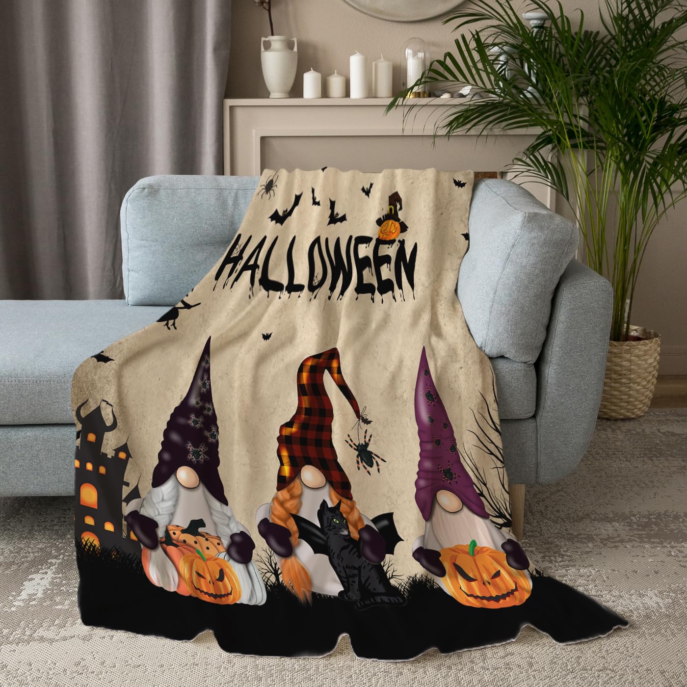 Halloween Gnome Blanket Flannel Fleece Throw Blankets Halloween Bats Black Cat Blanket Lightweight Cozy Warm Fuzzy Plush Soft Blankets for Couch Bed Sofa 50X60 Inches