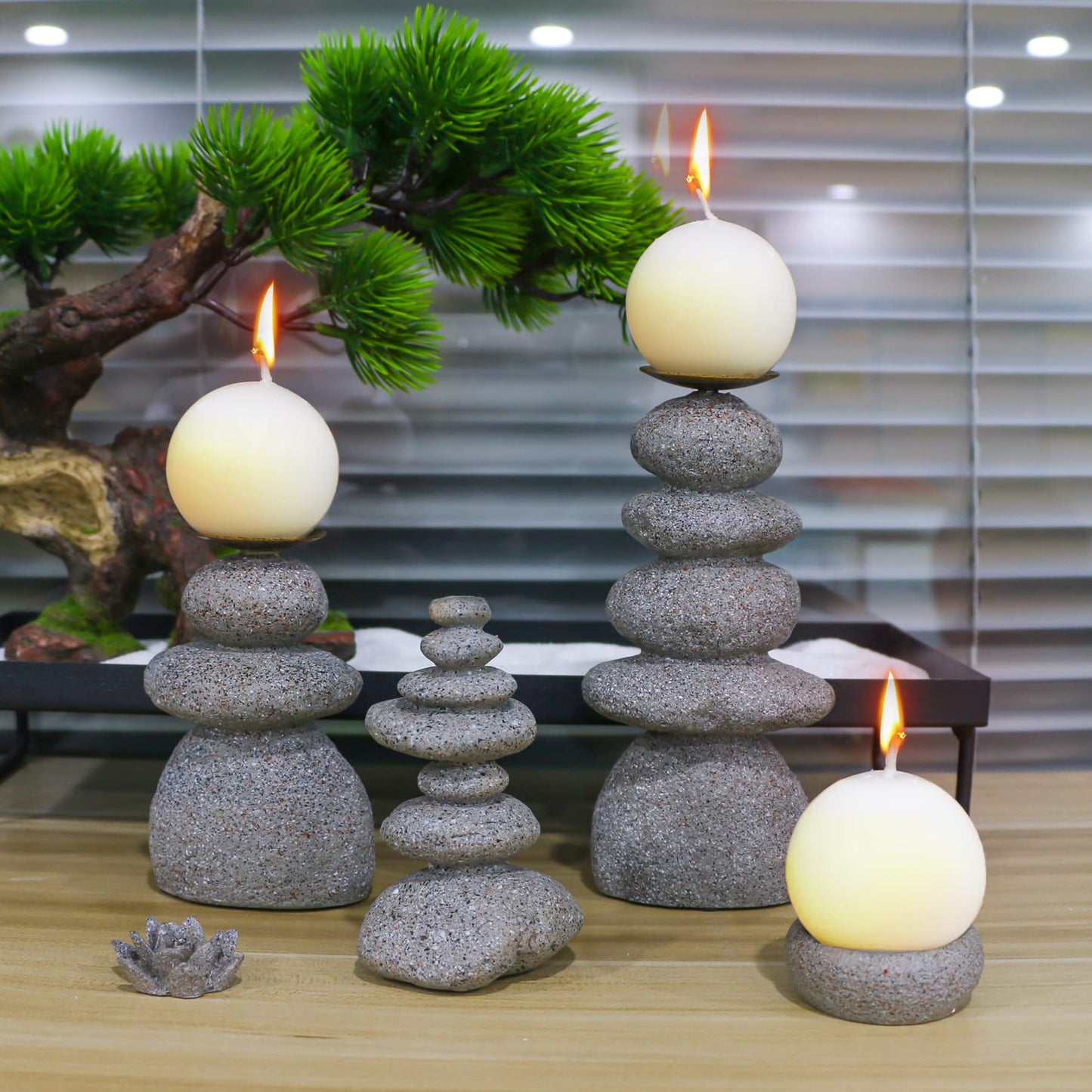 Rock Cairns Candle Holder - Taper Pillar Candle Stick Holder Set of 5 - Balance Stones Candlestick Holders Candlelight Stand for Zen Garden, Altar, Mantle, Yoga, Home Decoration, Meditation Gift