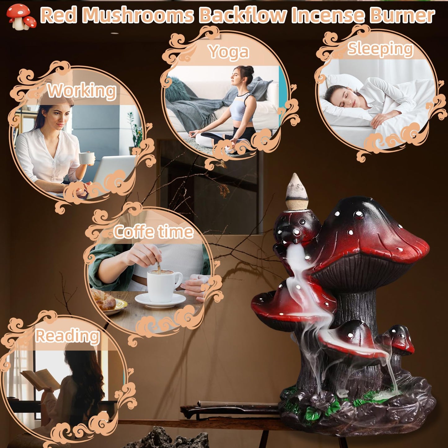 Mushroom Backflow Incense Holder – Ceramic Incense Cone Holder with 60 Backflow Incense Cones | Waterfall Incense Burner & Waterfall Fountain | Unique Smoke Cascade Effect for Relaxation & Meditation
