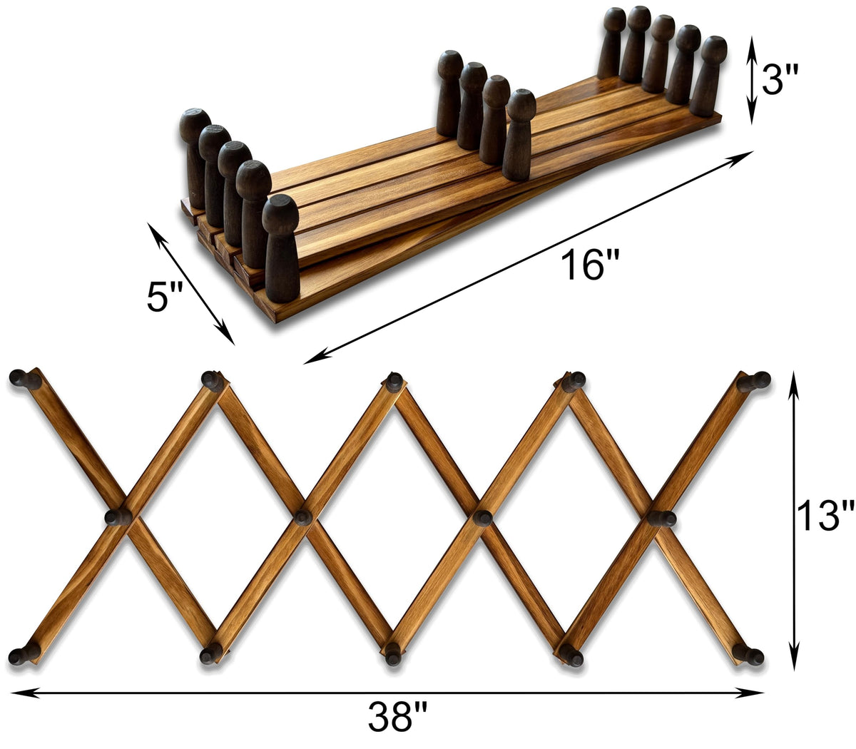 Expandable Wooden Coat Rack Hanger - Large Accordion Hanger with Expanding Pegs | Hand Made Rustic Wooden Hat Rack for Wall | Hang Coat, Jacket, Hat | Wall Rack – 14 Hook, Torched Wood