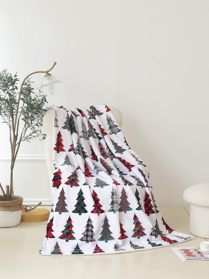 Elegant Comfort Reversible and Ultra-Plush Flannel Fleece-Winter Christmas Sherpa Throw- Lightweight Soft and Cozy-Holiday Decorative Throw, Perfect for Lounging, 50 x 60 inches, Plaid Christmas Tree