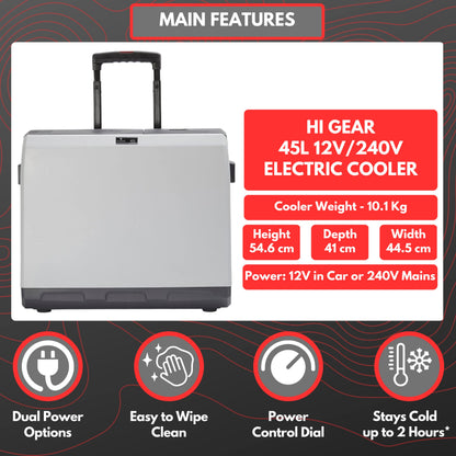 Hi-Gear 45 Litre Cooler with Integrated Handle & Wheels, 12V in Car & 240V Mains Sockets, Portable, Spacious & Wheeled 45L Electric Cool Box, Camping, Campervan, Travel, Picnics, Festivals, Grey