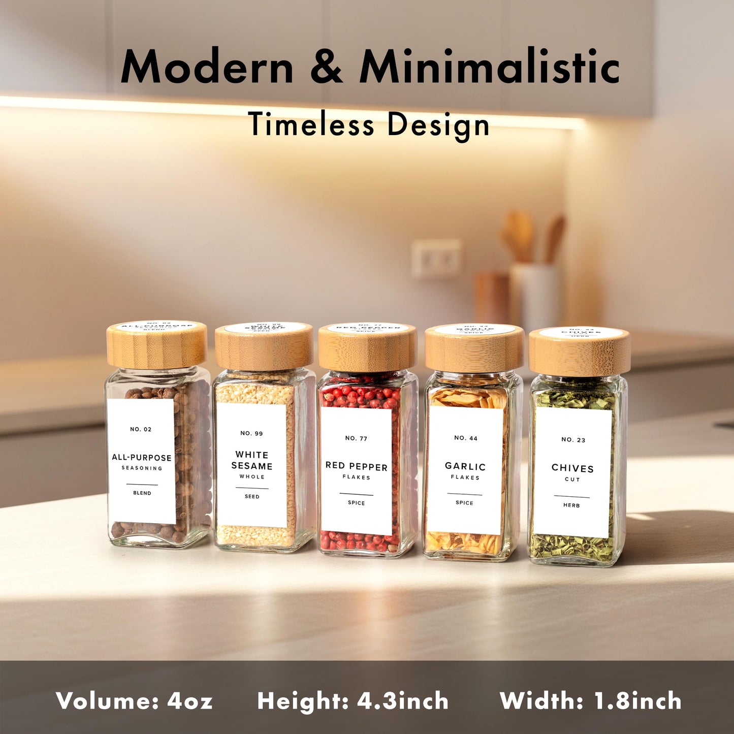 EDELHAUS® Square Spice Jars with Bamboo Wooden Lid (Pack of 24) Spice Jars with Shaker Insert and 240 Labels - Bamboo Lid Glass Container for Spice Organisation [4.3 in × 1.8 in]