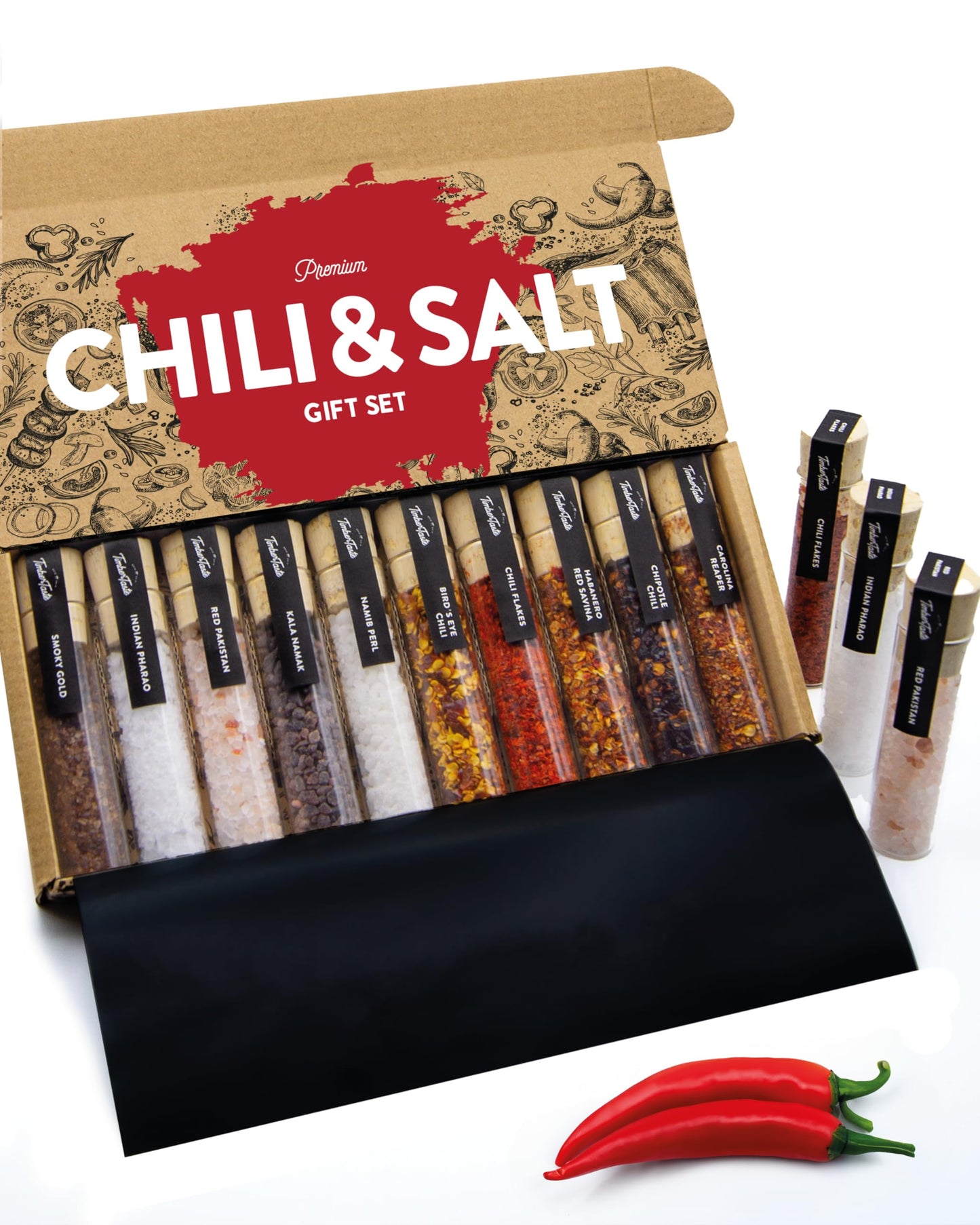 TIMBER TASTE® Salt & Chili Gift Set for Men - 5 Gourmet Sea Salts & 5 Hot Chili Varieties [UP TO 1,200,000 SCOVILLE] | Gift Baskets Men Foodie | Husband Brother Dad Birthday Gift | Day Father