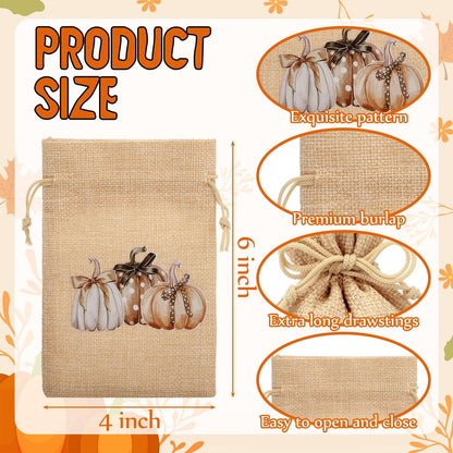 SATINIOR 50 Pcs Fall Thanksgiving Treat Bags Pumpkin Burlap Gift Goodie Bags with Double Jute Drawstrings Linen Candy Pouch 4 x 6'' for Autumn Harvest Holidays Party Favor