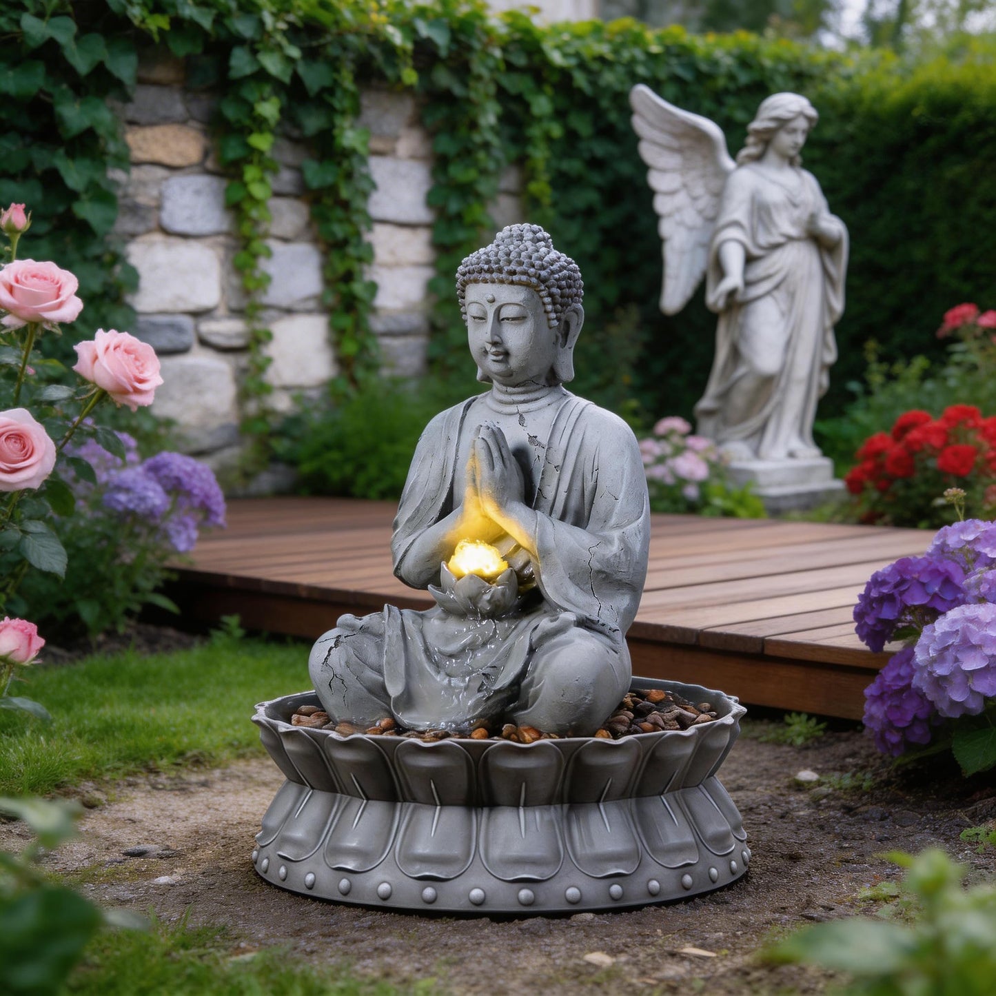 Tolevoit Outdoor Water Fountains Seated Buddha Lotus Help Meditation, Relaxation, and Tranquility with Warm LED Lights Fit Yard, Garden, Lawn