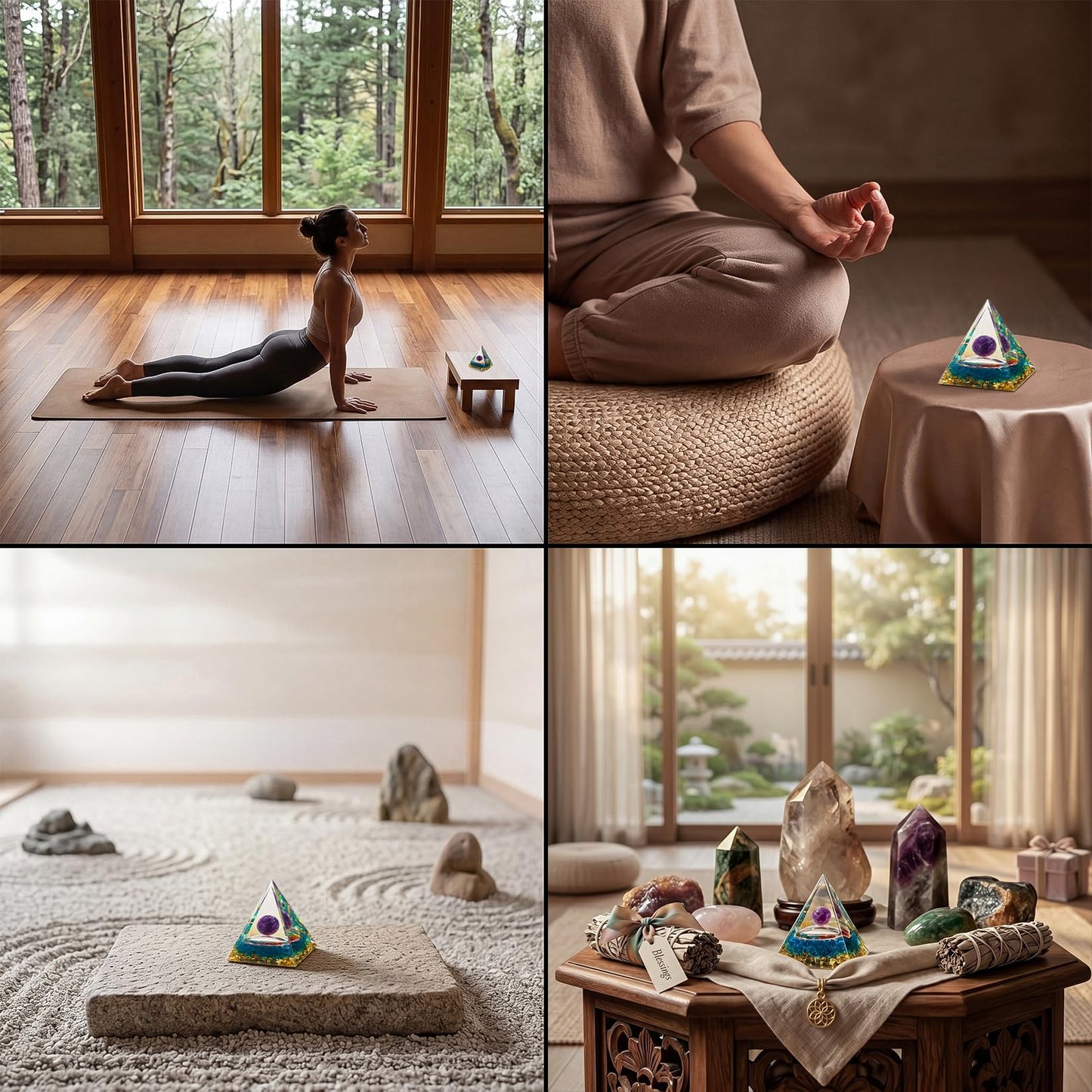 Orgone Crystal Pyramid for Positive Energy, Amethyst Sphere Seven Chakra Rainbow Crystal Pyramid, Blue Green Crystal Chips Energy Generator, Meditation Energy Healing Decor & 2 pcs Rose Quartz Heart