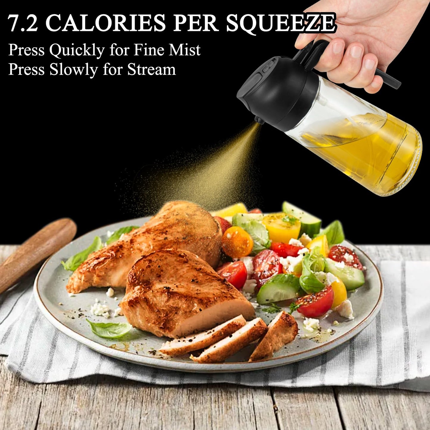 Ponpon Oil Sprayer for Cooking, 16oz Olive Oil Spray Bottle, Oil Dispenser for Kitchen for Barbecue, Salad, Cooking, Baking (Black)