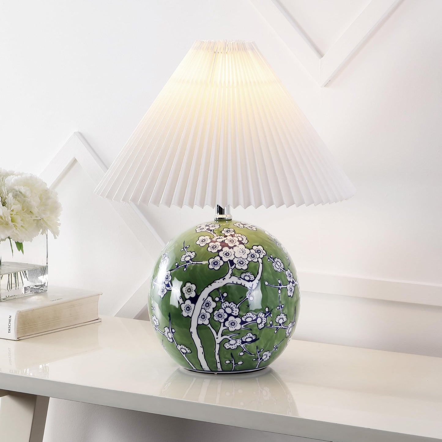 JONATHAN Y 19.5" Green/White Shishen Chinoiserie Ceramic Table Lamp, Traditional Hand-Painted Floral Cottage Lamp with White Pleated Linen Shade, LED Bulb Included JYL5056A