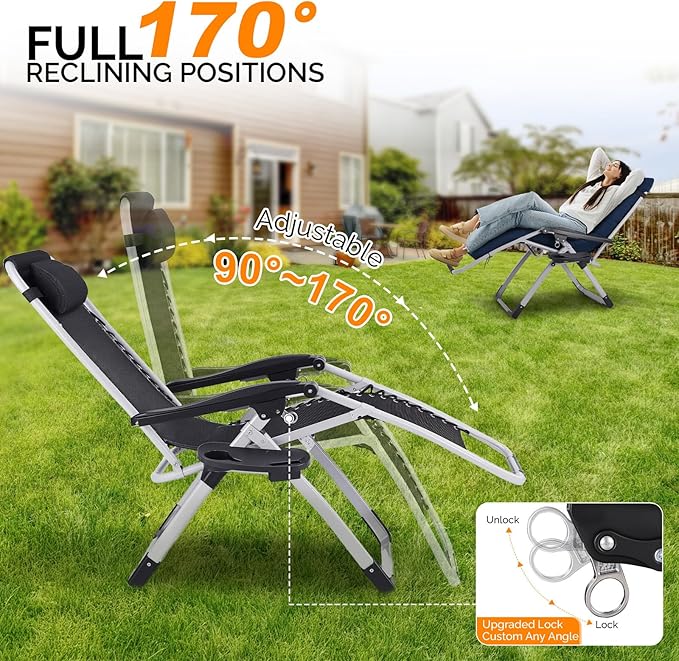 VINGLI Padded Zero Gravity Chair, Lounge Chair with Removable Cushion & Tray， Folding Reclining Patio Chairs， Recliner Chair for Lawn，Indoor and Outdoor-Blue