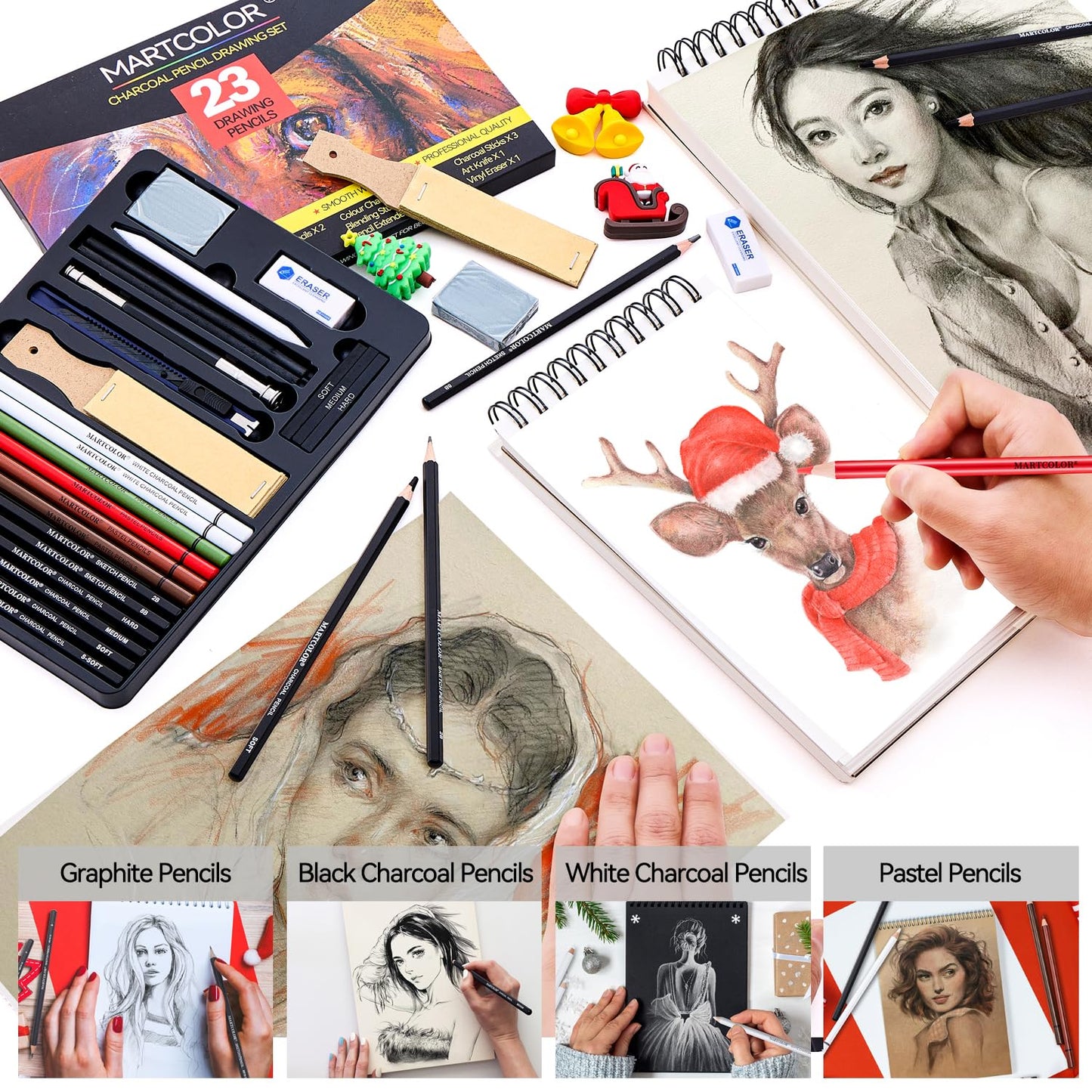 MARTCOLOR Charcoal Drawing Set, Set of 23, Graphite Pencils, Black & White Charcoal Pencils for Drawing, Sketching, Shading, Blending, Artist Pencils for Beginners & Pro Artists ﻿