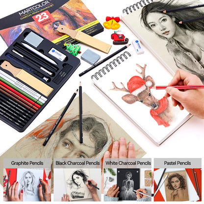 MARTCOLOR Charcoal Drawing Set, Set of 23, Graphite Pencils, Black & White Charcoal Pencils for Drawing, Sketching, Shading, Blending, Artist Pencils for Beginners & Pro Artists ﻿