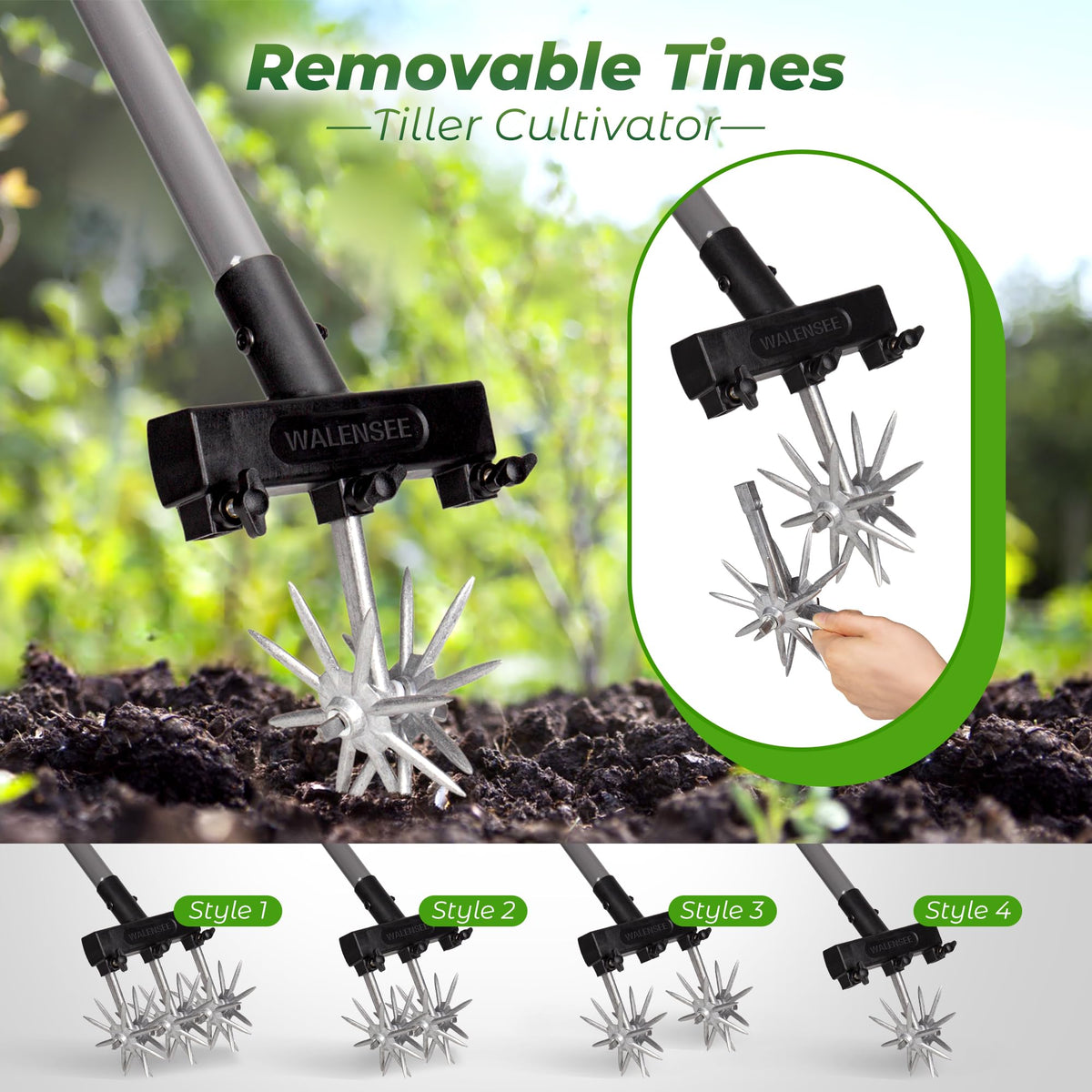 Walensee Rotary Cultivator Garden Tool, Adjustable Hand Tiller with Long Handle, Manual Soil Crusher for Breaking Up Clods, Seedbed Prep, Reseeding, Aerating Raised Beds, Garden, Yard & Lawn