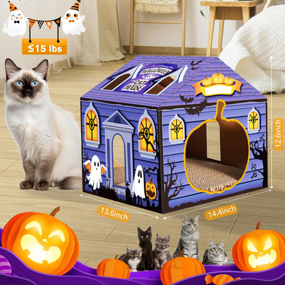 Tailtastic Halloween Cardboard Cat House Playhouse with 2 Scratching Pads & Catnip - Indoor Cat Scratcher Hideaway for Kittens & Cats (14"x14"x13")