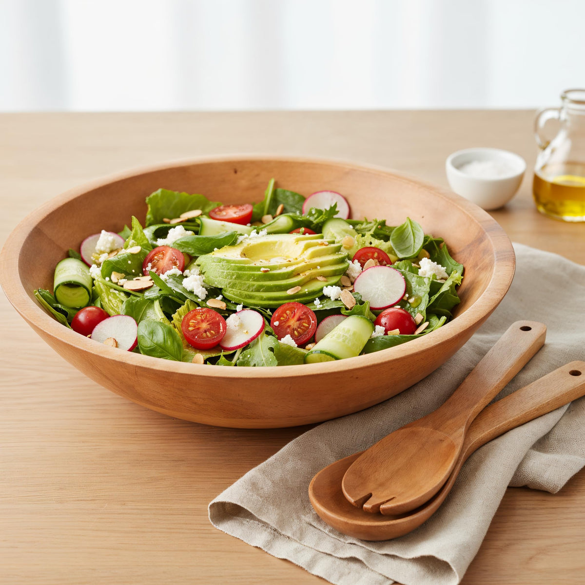 KIBAGA Extra Large Wooden Salad Bowl Set With Serving Utensils - A Beautiful Party Salad & Fruit Bowl With Serving Spoons Perfect for Your Dinner Party - Decorative & Practical Kitchen Must-Have