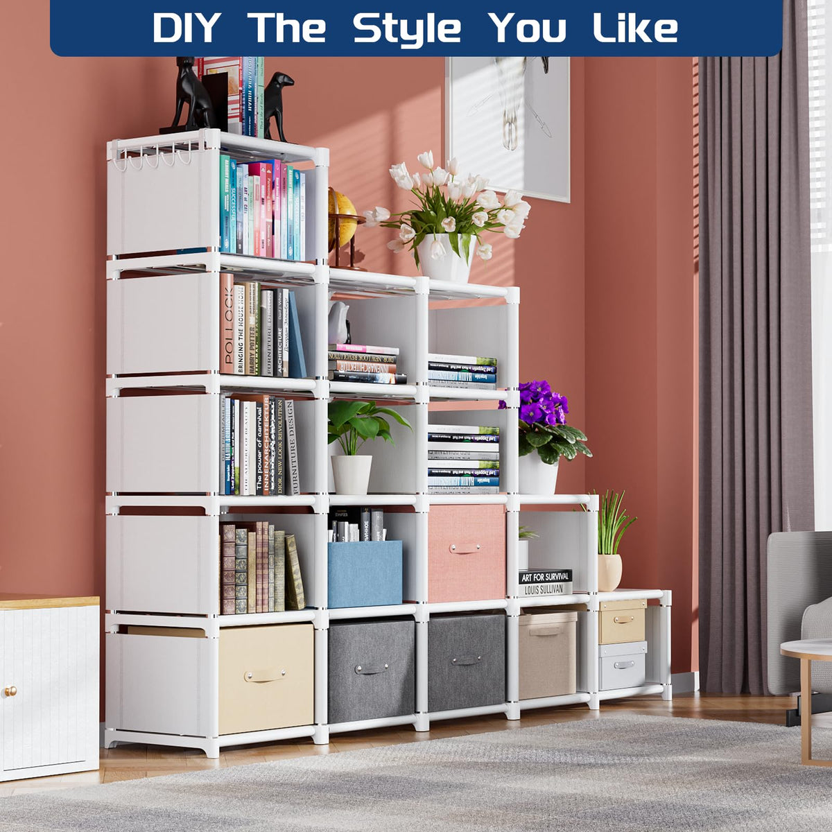 Mavivegue Book Shelf, 18 Cube Storage Organizer, DIY Bookcase, Metal Cube Bookshelf, Tall Book case for Bedroom, Living Room, Office, Closet Storage Organizer, Black Cubicle Storage Rack-White