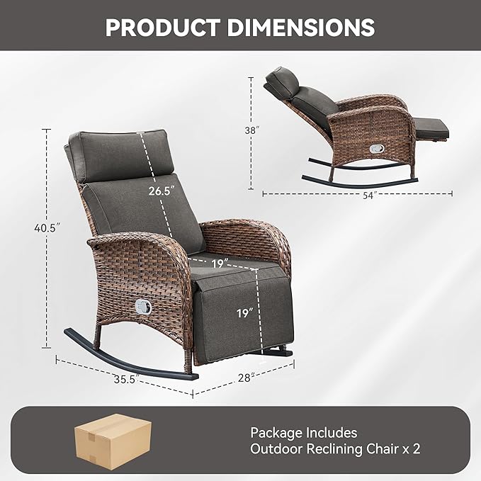 Zero Gravity Patio Rocking Wicker Recliner Chairs Set of 2- Wicker Outdoor Lounge Chair with Adjustable Backrest & Footrest, All Weather Reclining Rocker Chairs with Thick Cushion for Pool Deck Grey