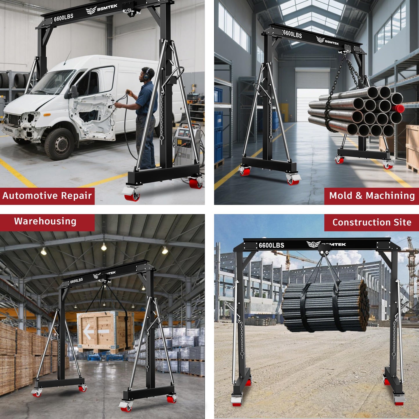 BSMTEK Gantry Crane 3 Ton MAX6600lbs, Adjustable Height (8.53-12.47 FT) & Width (9.06 FT, Available 8.53FT), Steel I-Beam Construction, Portable Shop Hoist for Factories, Warehouses