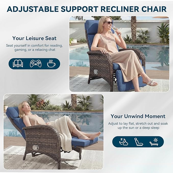 3 Pieces Zero Gravity Wicker Patio Recliner Chairs Set of 2 - Wicker Outdoor Lounge Chair with Side Table, Adjustable Backrest & Footrest, High Back Outdoor Recliner Chair for Pool Deck Blue