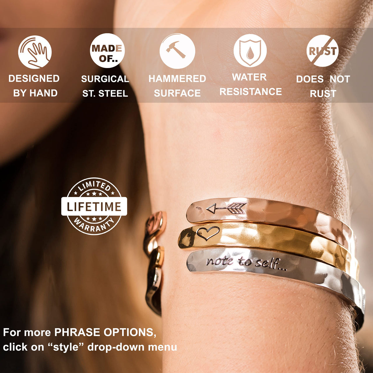 Carviell Hammered Engraved Bracelet for Women, Stainless Steel, Motivational Silver Cuff, Funny Teens Gifts, Graduation Bangle