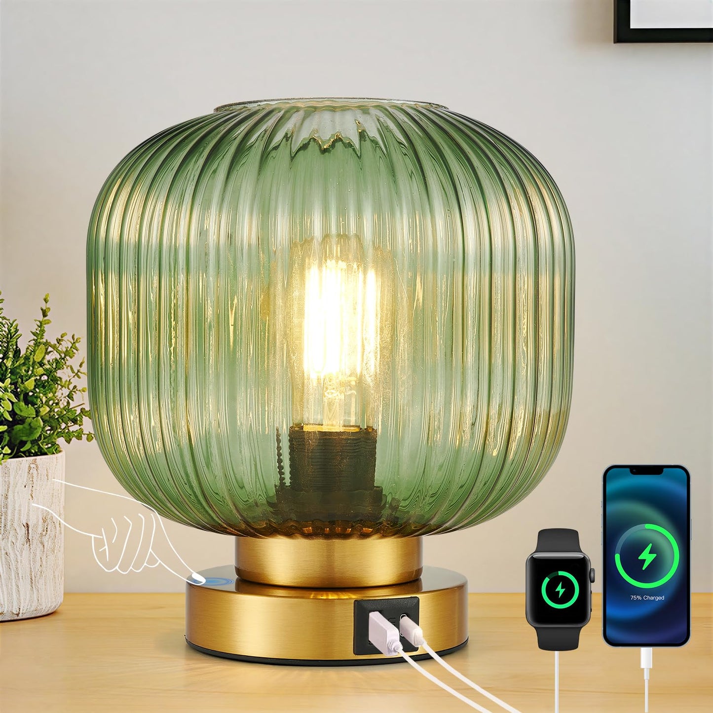 Touch Table Lamp with USB C+A Charging Ports, 3-Way Dimmable Bedside Lamp for Bedroom, Green Glass Shade & Brass Base, Plug-in E26 Desk Lamp for Nightstand Living Room Home Office Home Décor