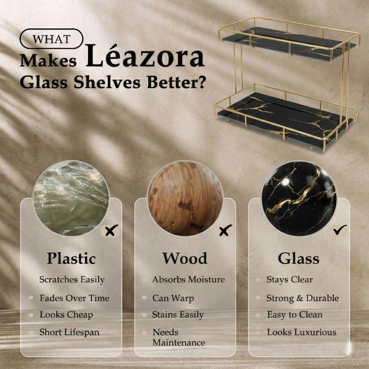 Léazora 2-Tier Black Marble Bathroom Countertop Organizer – Glass Shelves & Gold Metal Frame, Stylish Vanity Storage Shelf for Perfume, Skincare, Makeup & Toiletries