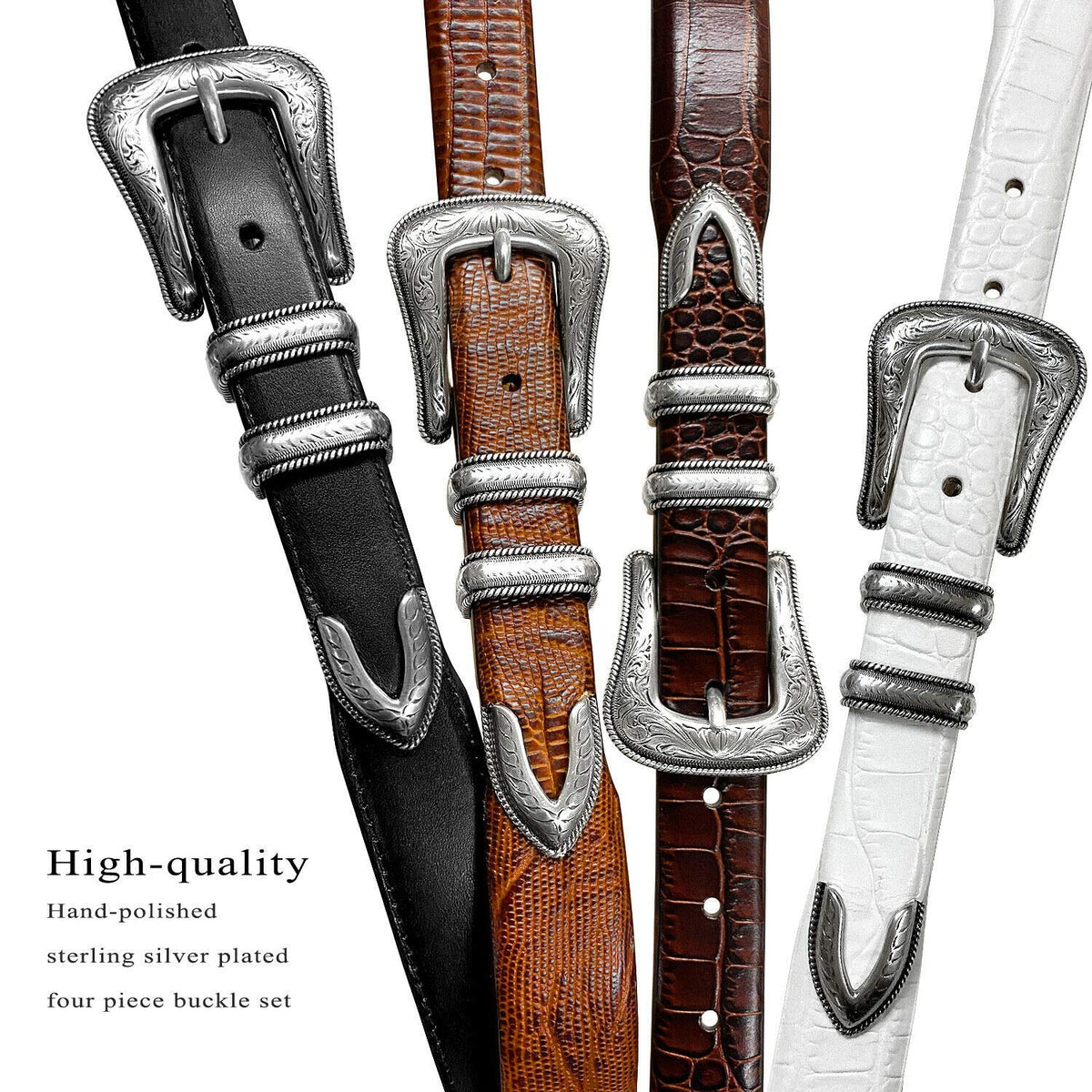 Belts.com Brenton_Genuine Full-Grain Cowhide Leather Dress Belt with Western Silver Plated Buckle Set (Smooth Black, 32)